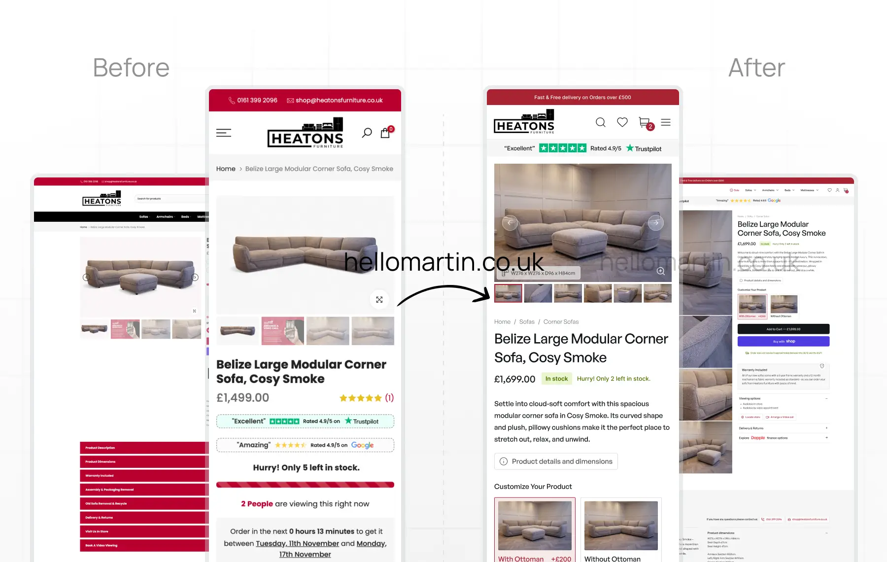 Before after ecommerce page UX optimisation