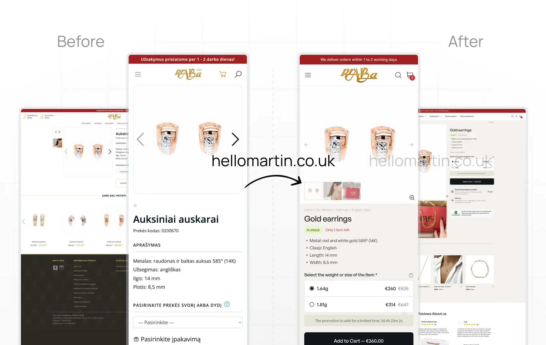 Before after ecommerce page UX optimisation